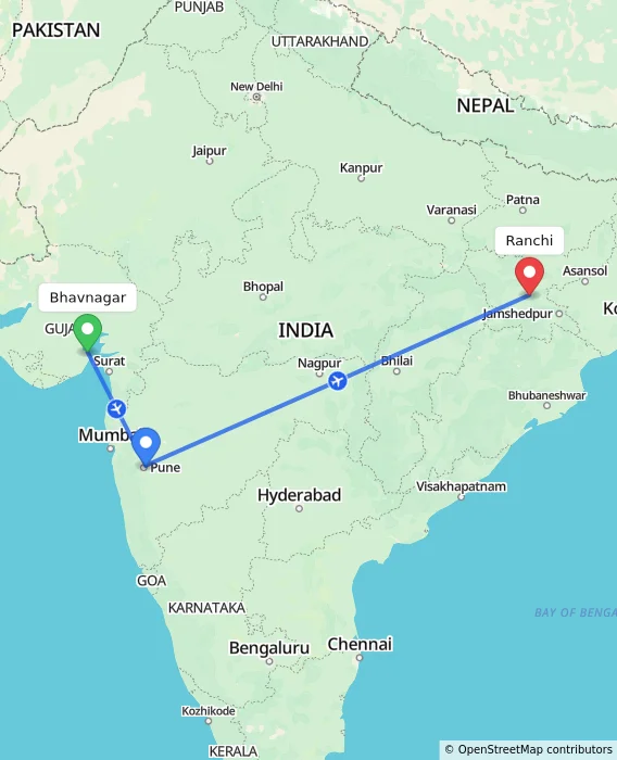 Route map showing distance and travel time from Bhavnagar, India to Ranchi, India