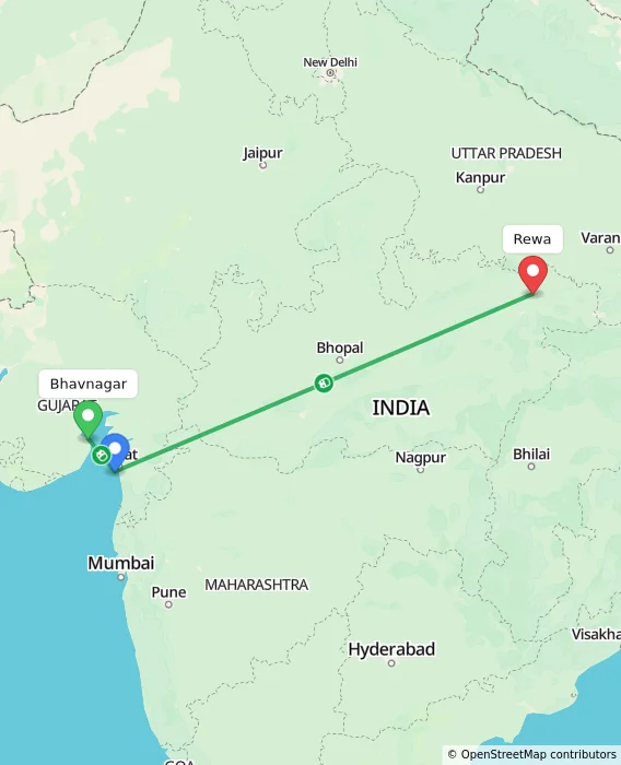 Route map showing distance and travel time from Bhavnagar, India to Rewa, India