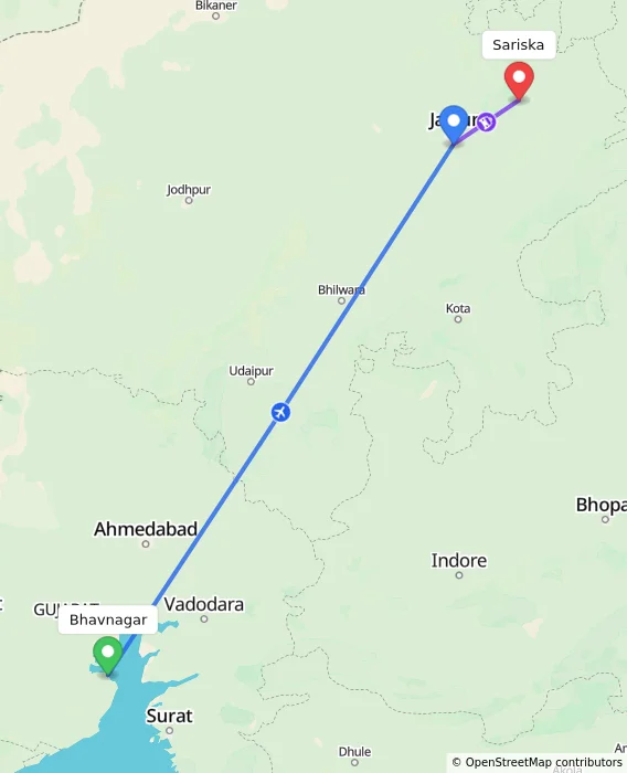 Route map showing distance and travel time from Bhavnagar, India to Sariska, India