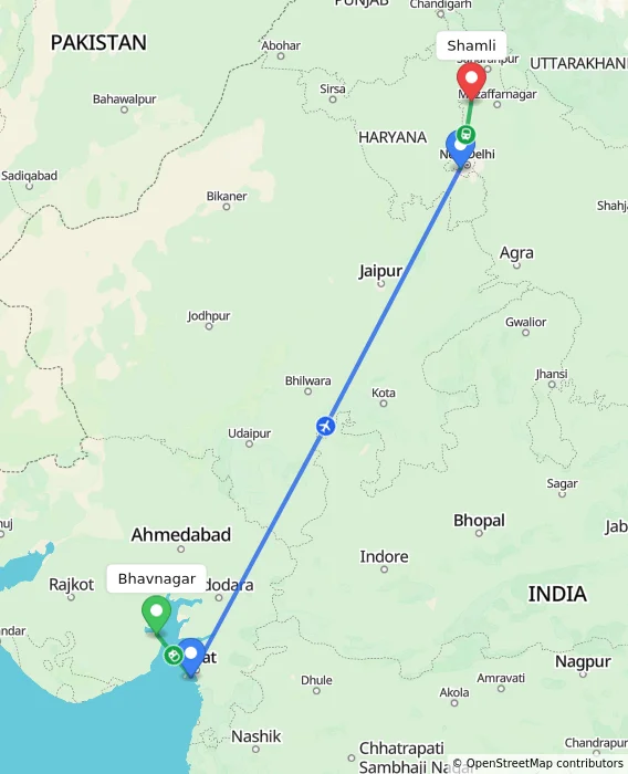 Route map showing distance and travel time from Bhavnagar, India to Shamli, India