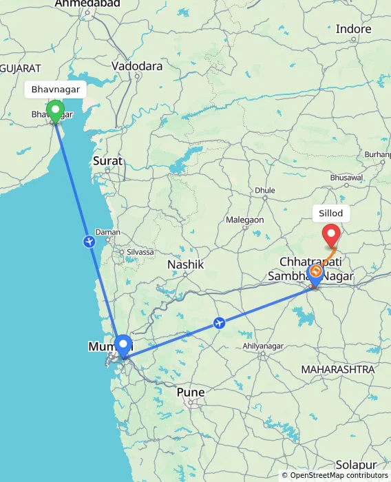 Route map showing distance and travel time from Bhavnagar, India to Sillod, India