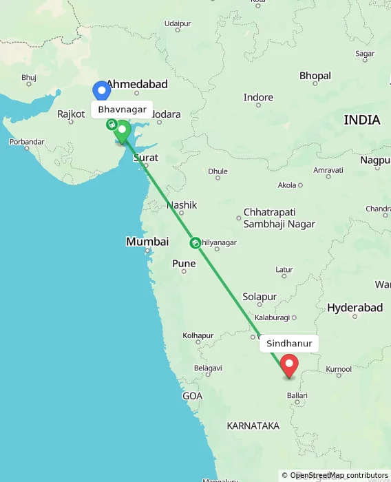 Route map showing distance and travel time from Bhavnagar, India to Sindhanur, India