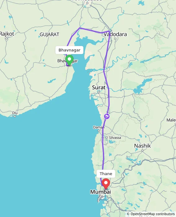 Route map showing distance and travel time from Bhavnagar, India to Thane, India