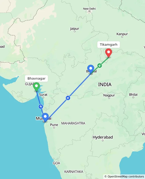 Route map showing distance and travel time from Bhavnagar, India to Tikamgarh, India