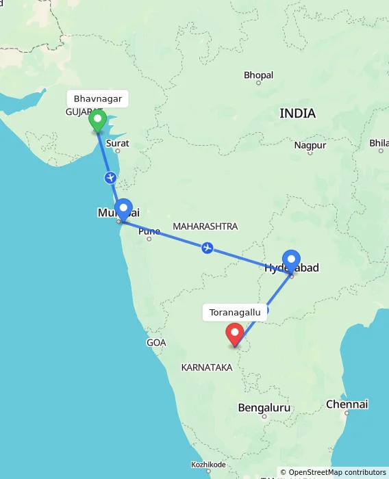 Route map showing distance and travel time from Bhavnagar, India to Toranagallu, India