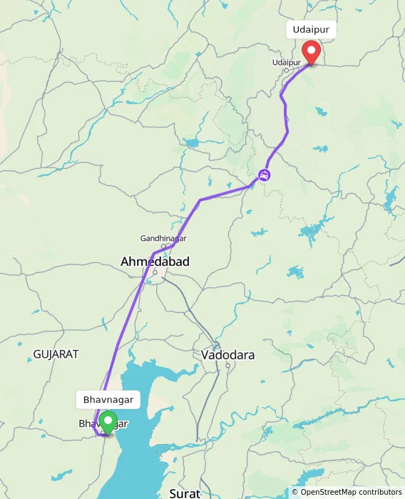 Route map showing distance and travel time from Bhavnagar, India to Udaipur, India