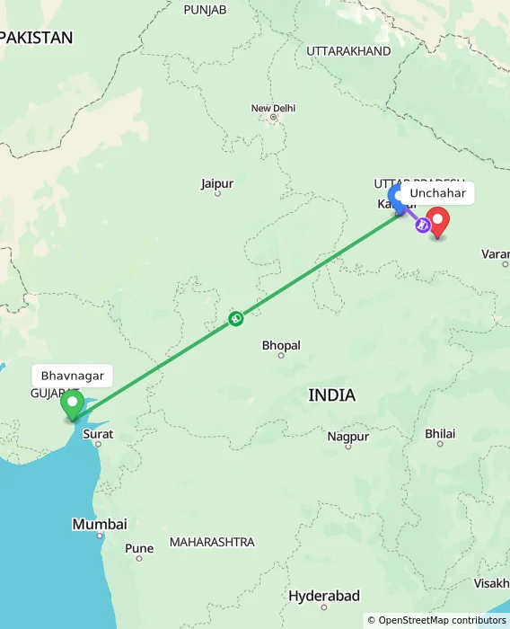 Route map showing distance and travel time from Bhavnagar, India to Unchahar, India