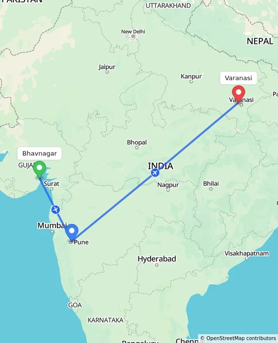 Route map showing distance and travel time from Bhavnagar, India to Varanasi, India