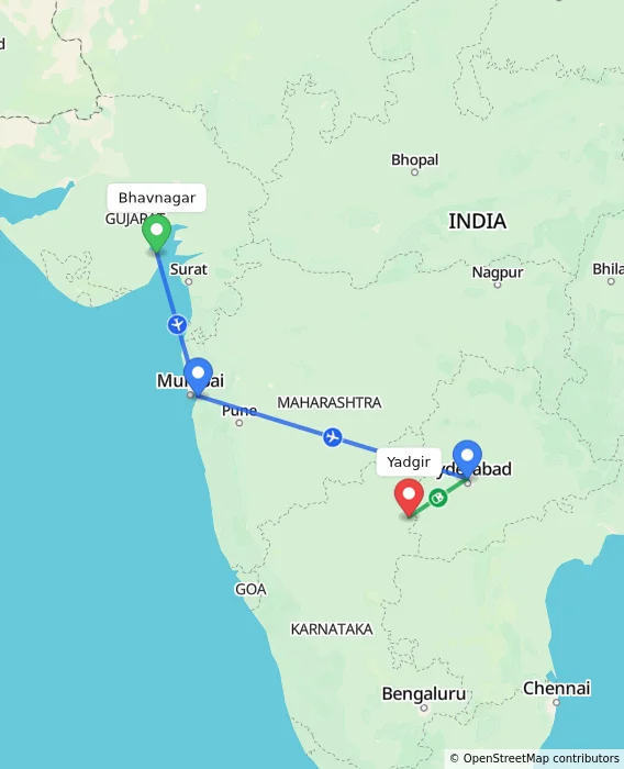 Route map showing distance and travel time from Bhavnagar, India to Yadgir, India