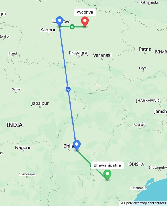 Route map showing distance and travel time from Bhawanipatna, India to Ayodhya, India