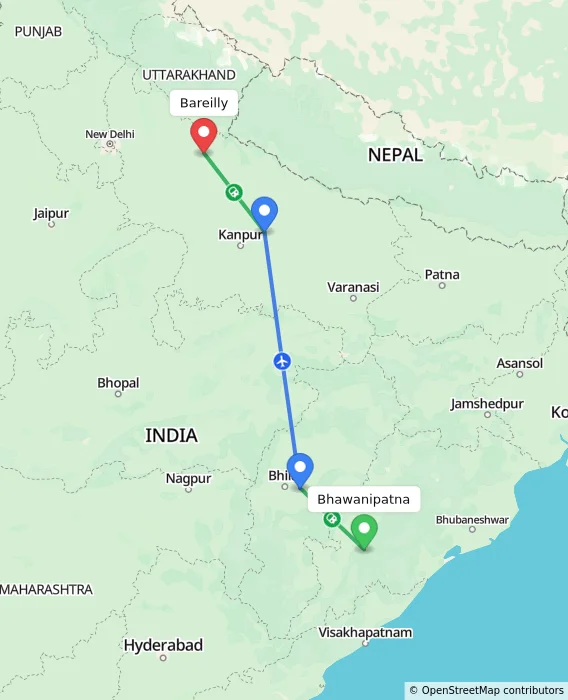 Route map showing distance and travel time from Bhawanipatna, India to Bareilly, India