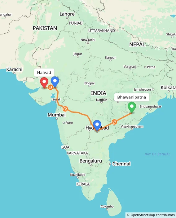 Route map showing distance and travel time from Bhawanipatna, India to Halvad, India