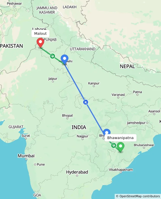 Route map showing distance and travel time from Bhawanipatna, India to Malout, India