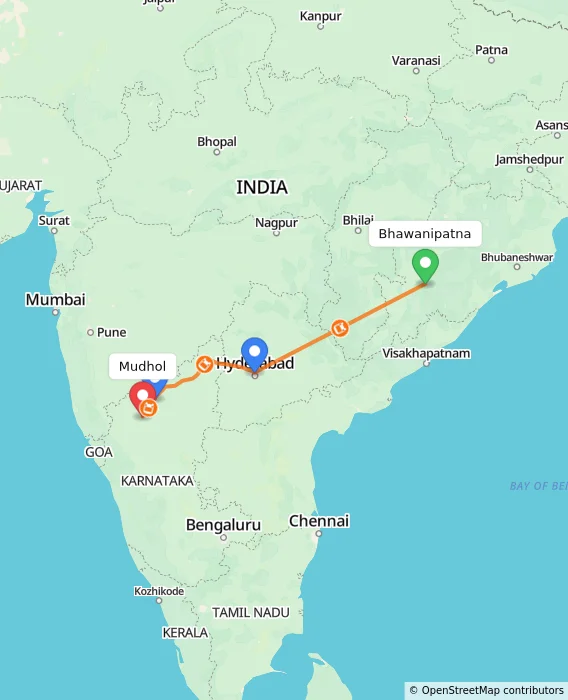 Route map showing distance and travel time from Bhawanipatna, India to Mudhol, India