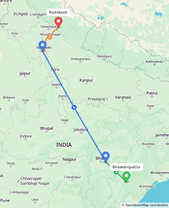 Route map showing distance and travel time from Bhawanipatna, India to Rishikesh, India