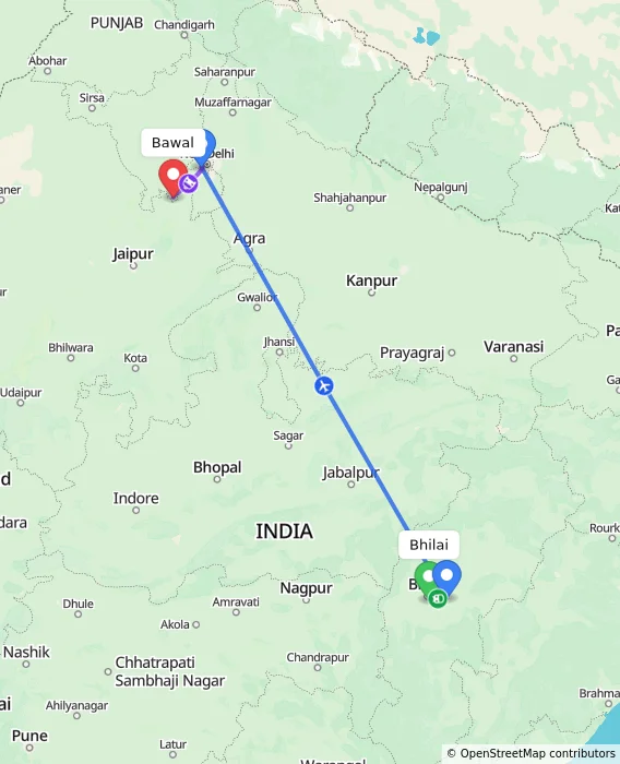 Route map showing distance and travel time from Bhilai, India to Bawal, India