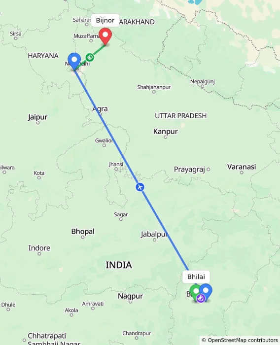 Route map showing distance and travel time from Bhilai, India to Bijnor, India
