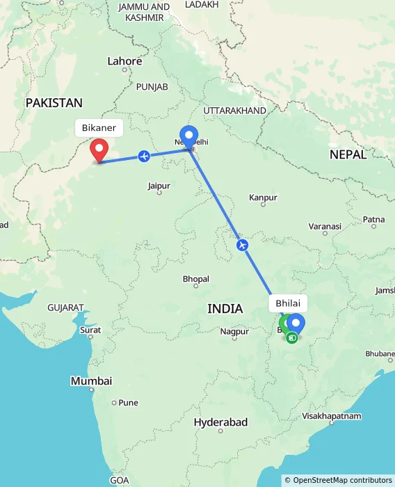 Route map showing distance and travel time from Bhilai, India to Bikaner, India
