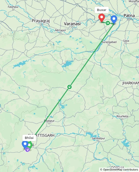 Route map showing distance and travel time from Bhilai, India to Buxar, India