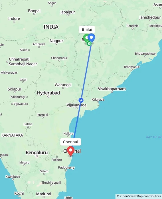 Route map showing distance and travel time from Bhilai, India to Chennai, India