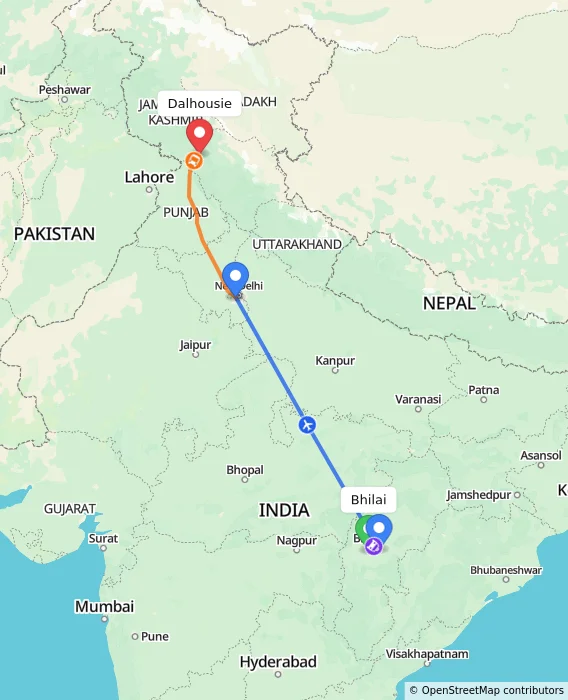 Route map showing distance and travel time from Bhilai, India to Dalhousie, India