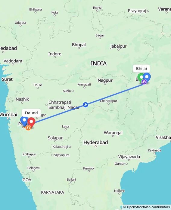 Route map showing distance and travel time from Bhilai, India to Daund, India