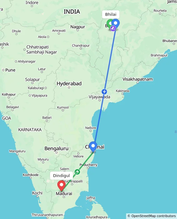 Route map showing distance and travel time from Bhilai, India to Dindigul, India
