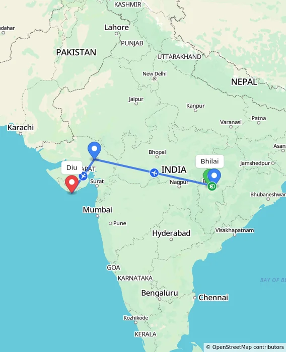 Route map showing distance and travel time from Bhilai, India to Diu, India