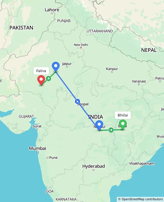 Route map showing distance and travel time from Bhilai, India to Falna, India