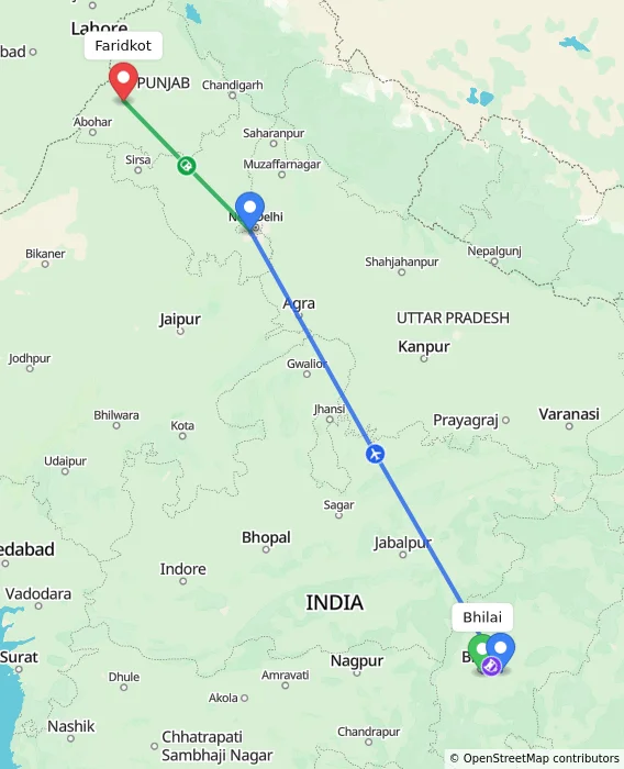 Route map showing distance and travel time from Bhilai, India to Faridkot, India