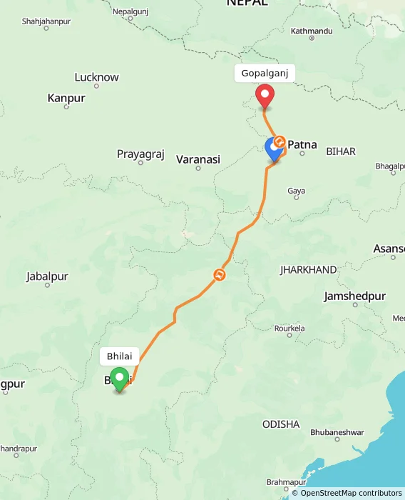 Route map showing distance and travel time from Bhilai, India to Gopalganj, India