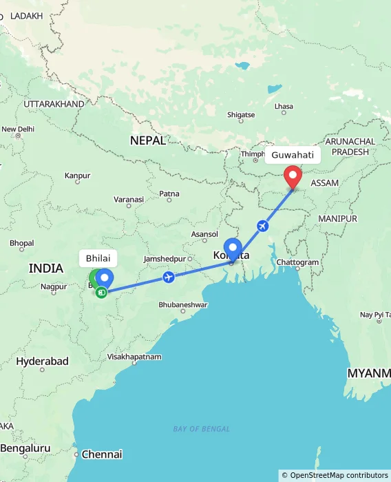 Route map showing distance and travel time from Bhilai, India to Guwahati, India