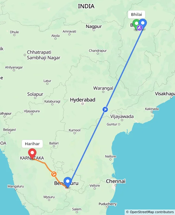 Route map showing distance and travel time from Bhilai, India to Harihar, India