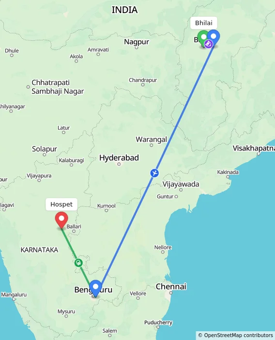 Route map showing distance and travel time from Bhilai, India to Hospet, India