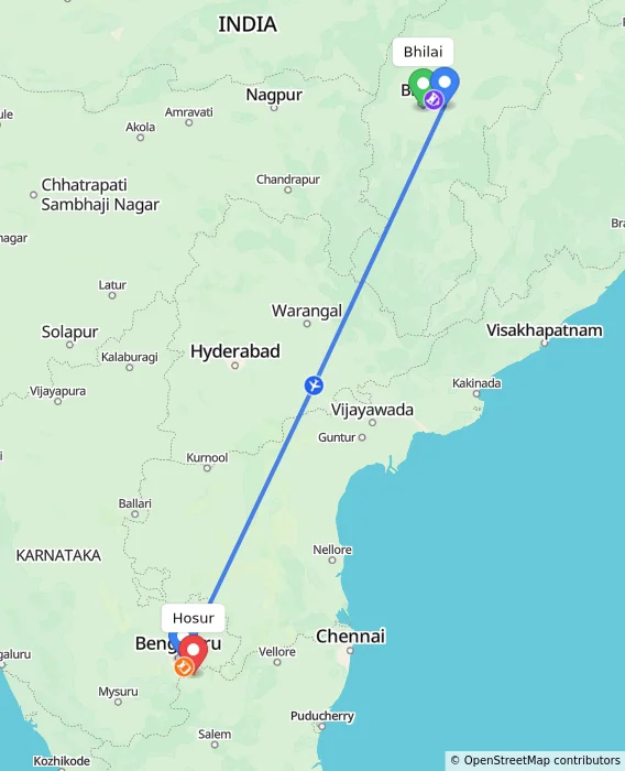 Route map showing distance and travel time from Bhilai, India to Hosur, India