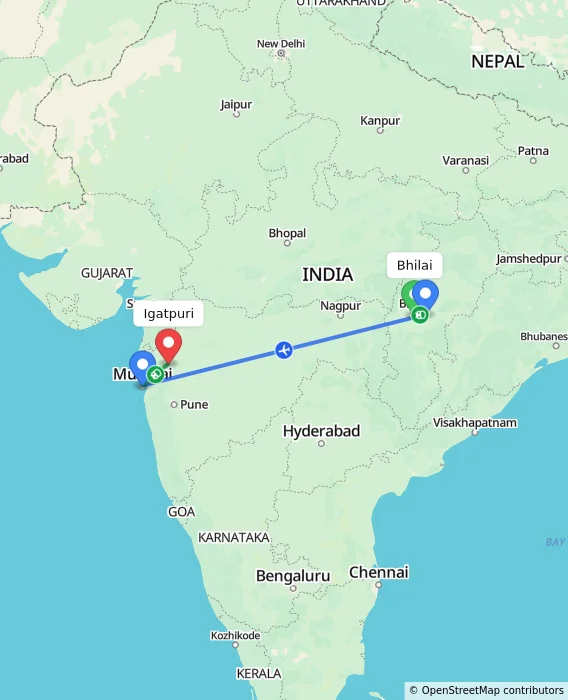 Route map showing distance and travel time from Bhilai, India to Igatpuri, India