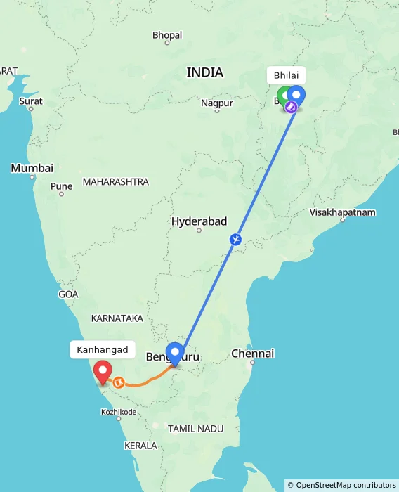 Route map showing distance and travel time from Bhilai, India to Kanhangad, India