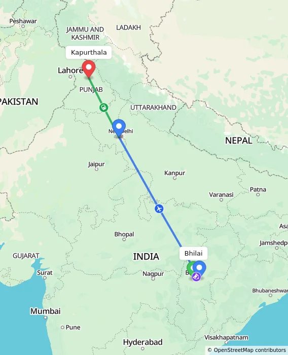 Route map showing distance and travel time from Bhilai, India to Kapurthala, India