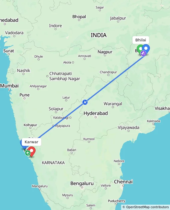 Route map showing distance and travel time from Bhilai, India to Karwar, India