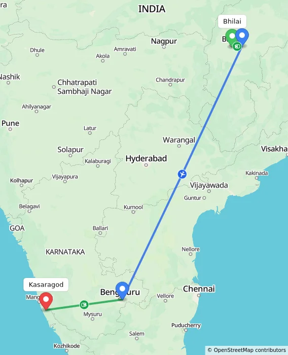 Route map showing distance and travel time from Bhilai, India to Kasaragod, India