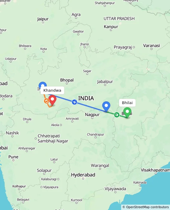 Route map showing distance and travel time from Bhilai, India to Khandwa, India