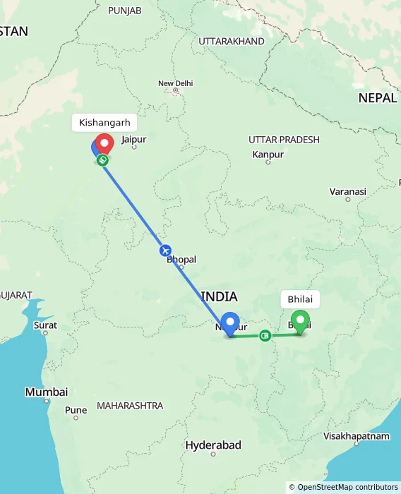 Route map showing distance and travel time from Bhilai, India to Kishangarh, India