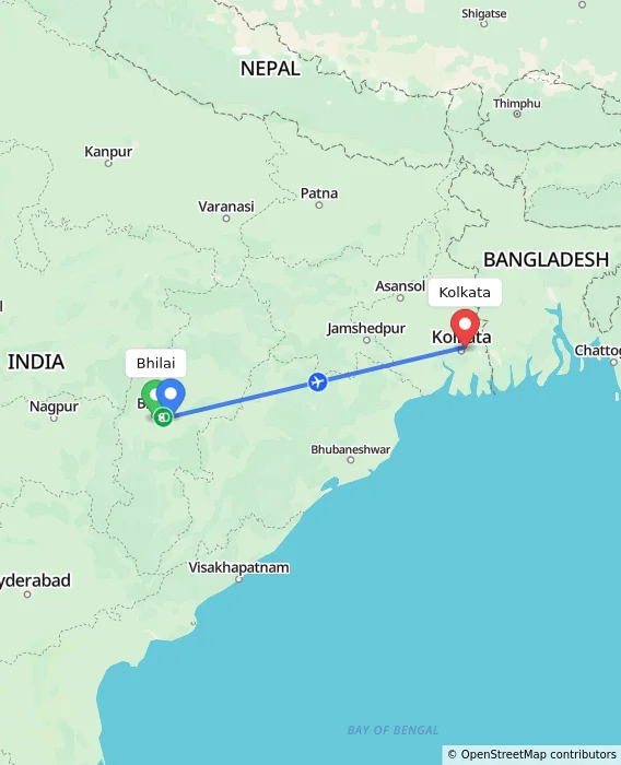 Route map showing distance and travel time from Bhilai, India to Kolkata, India