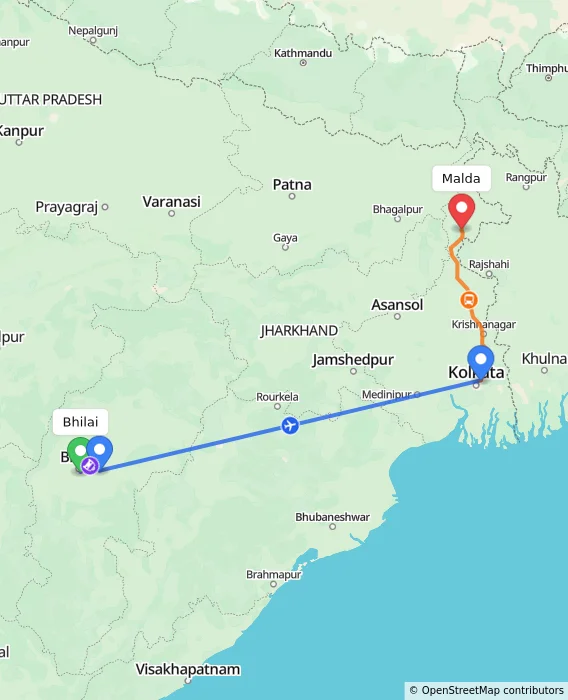 Route map showing distance and travel time from Bhilai, India to Malda, India