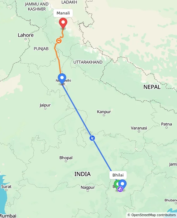 Route map showing distance and travel time from Bhilai, India to Manali, India