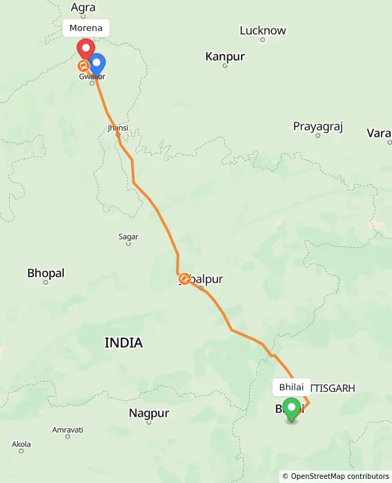 Route map showing distance and travel time from Bhilai, India to Morena, India