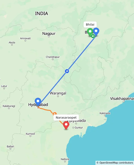 Route map showing distance and travel time from Bhilai, India to Narasaraopet, India