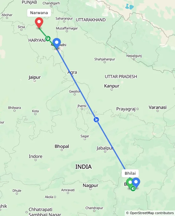 Route map showing distance and travel time from Bhilai, India to Narwana, India