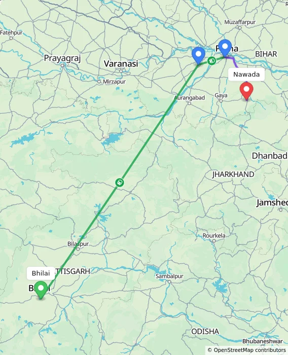 Route map showing distance and travel time from Bhilai, India to Nawada, India