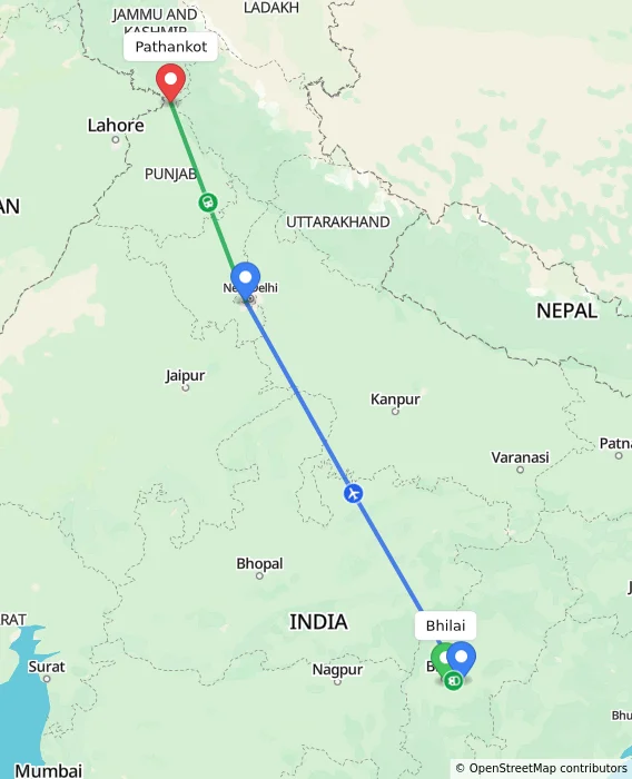 Route map showing distance and travel time from Bhilai, India to Pathankot, India